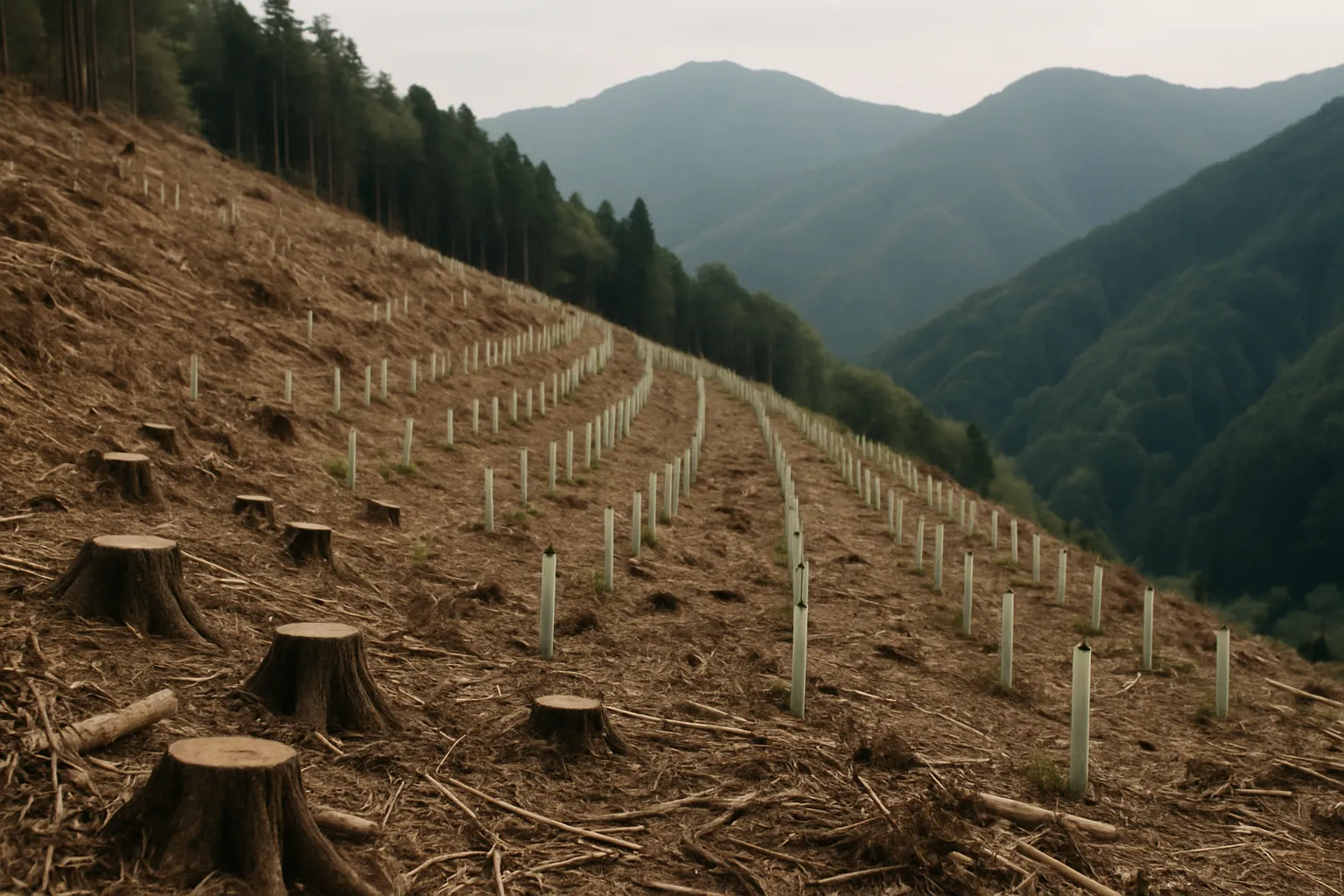 伐採後の山肌に植えられた苗と、物差しを並べた、抽象的なイメージ