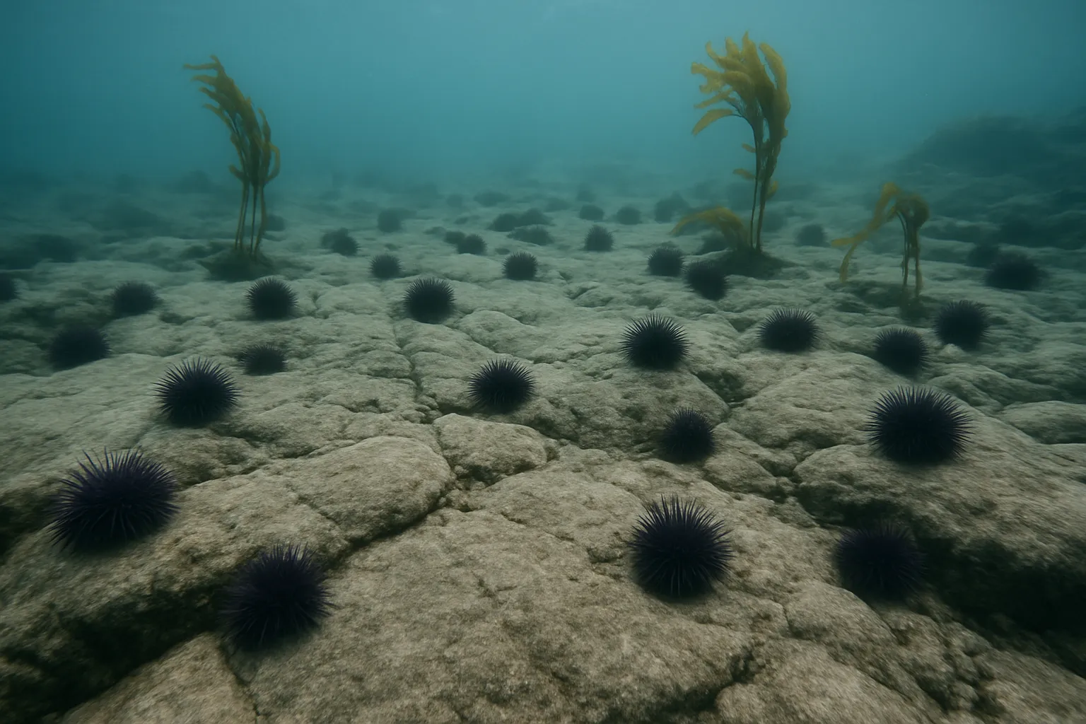海の中の海藻と、ウニ、水温を示す温度計を並べた、抽象的なイメージ